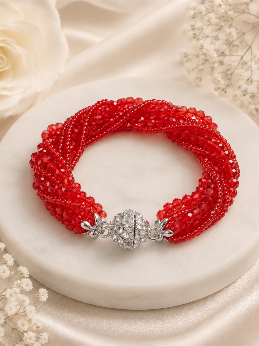 Red Beaded Magnetic Bracelet – 7 inches